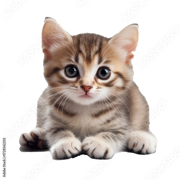 Fototapeta Full body cute non-pedigree cat sitting and looking into camera, isolate on transparent white background