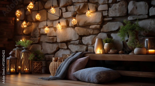 Fototapeta Room with stone walls under soft lighting, highlighting coziness, room soft warmth, wall detail close-up, serene interior scene, calm warm lighting, with copy space