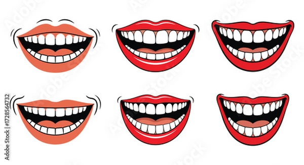Fototapeta Cartoon Vector Set of Laughing Mouth Expressions with Teeth and Lips, mouth, smile, laughing