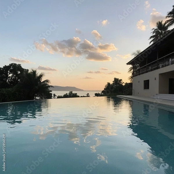 Fototapeta Infinity Pool View with Ocean, Building, and Sunset