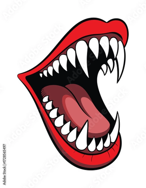 Fototapeta Cartoon Vector of Open Vampire Mouth with Sharp Fangs and Red Lips, vampire, vampire teeth, horror teeth