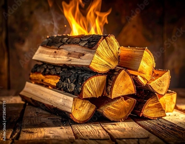 Obraz Firewood pile, warm flames