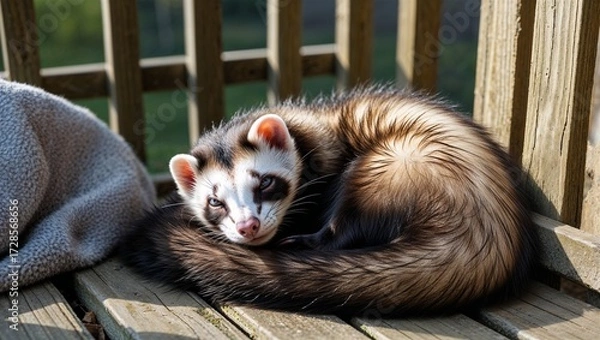 Obraz Ferret curled up sleeping in sunny corner of backyard deck