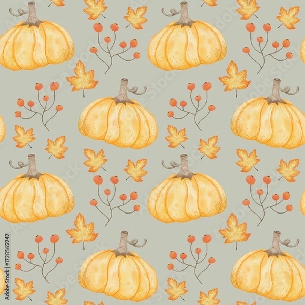 Fototapeta Seamless Autumn Pattern with Watercolor Pumpkins, Maple Leaves, and Berries on Gray Background