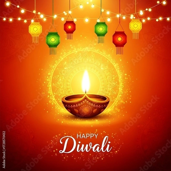 Fototapeta Happy diwali greeting with oil lamp and lanterns