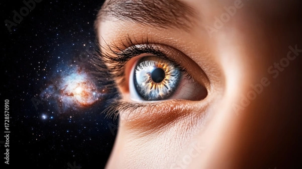 Fototapeta Galactic eye glowing nebula light watching over cosmic universe closeup human iris surreal fantasy vision astronomy space dream imagination colorful detail macro inspiration wonder mystery