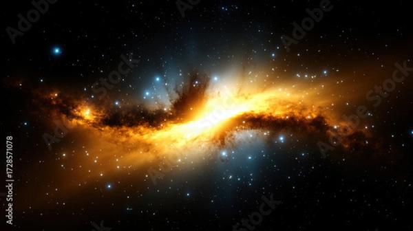 Fototapeta Expanding galaxy with glowing nebula jets radiating outward, vibrant orange and yellow colors, surrounded by countless stars in deep space, cosmic energy, awe inspiring beauty