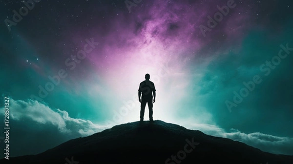 Fototapeta Silhouette person standing on mountain peak with glowing teal and lavender galaxy sky, dreamy atmosphere, inspiring and mysterious mood