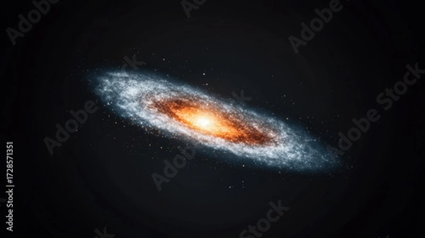 Fototapeta Spiral galaxy glowing with vibrant orange and blue hues, surrounded by cosmic dust and stars, set against dark space background, evoking sense of wonder and mystery