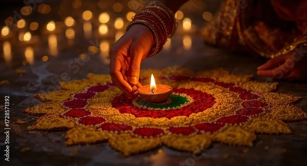 Fototapeta Hand placing diya on floral rangoli, warm bokeh lights, Diwali night, Generative AI