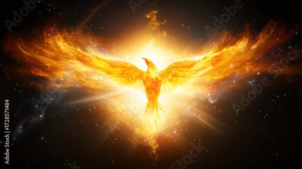 Fototapeta Fiery phoenix with glowing wings rises in cosmic space, surrounded by enchanted nebula and stardust, symbolizing rebirth and power in magical, high fidelity fantasy scene