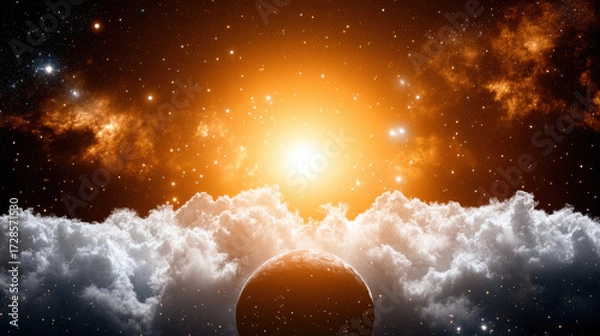 Fototapeta Radiant space fog, glowing stars, bright sun, cosmic clouds, planet, and vibrant nebula create dramatic, awe inspiring celestial scene with high fidelity and vivid colors