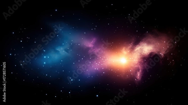Fototapeta Radiant starburst with glowing blue and purple nebula, cosmic dust, and sparkling stars in deep space, evoking sense of wonder and mystery