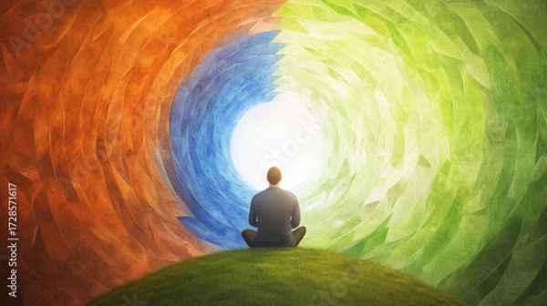 Fototapeta Person sitting on grassy hill facing vibrant swirling tunnel of orange, green, and blue energy, radiating calm and spiritual meditation, symbolizing inner peace and balance