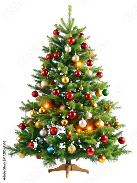 Obraz Illuminated Christmas Tree with Colorful Ornaments and Lights decorated baubles isolated on a transparent background