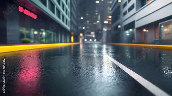 Fototapeta Rain soaked street with bokeh lighting wet asphalt cityscape urban night neon reflection empty road modern buildings moody atmosphere high fidelity abstract style
