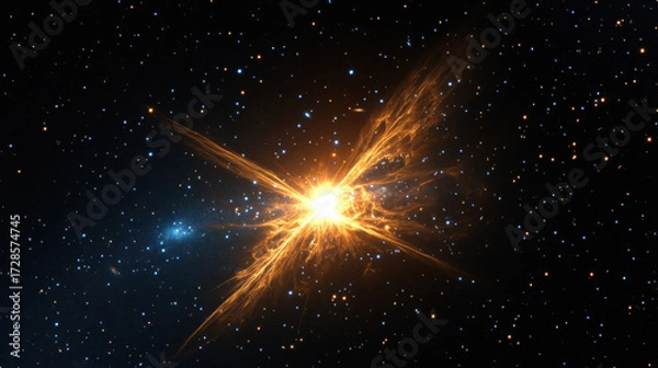 Fototapeta Galactic wind nebula cosmic explosion bright star high fidelity space astronomy glowing night universe dramatic energy science celestial abstract orange blue outer space stellar light fantasy