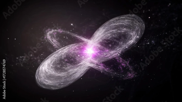 Fototapeta Spiral galaxy arms in motion with glowing purple center, cosmic energy swirling in symmetrical fractal pattern, evoking sense of wonder and mystery