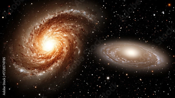 Fototapeta Spiral galaxy with glowing arms and bright core, surrounded by stars, cosmic dust, and another elliptical galaxy, creating sense of cosmic wonder and vastness