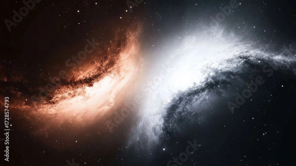 Fototapeta Spiral galaxy arms in motion, forming dramatic fractal symmetry with contrasting red and blue colors, cosmic dust, and glowing stars in deep space