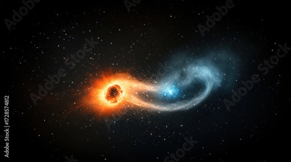 Fototapeta Fiery orange planet collides with glowing blue star, creating swirling nebula dust trails in deep space, evoking sense of cosmic drama and energy