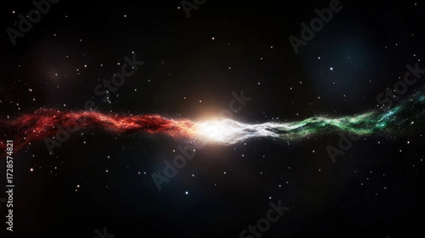 Fototapeta Colorful nebula arms stretch across deep space, meeting in bright cosmic collision with glowing dust trails and vibrant stardust, evoking sense of wonder and awe