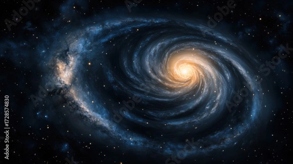 Fototapeta Spiral galaxy glowing with bright core, swirling arms of nebula dust and stars, deep space background, cosmic wonder, high fidelity, awe inspiring celestial scene