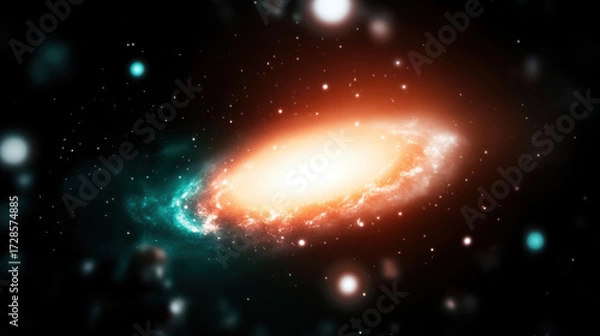 Fototapeta Galaxy dissolving into radiant fog with soft spark, high fidelity cosmic scene, glowing orange and teal nebula, dreamy outer space, ethereal atmosphere, vibrant starlight