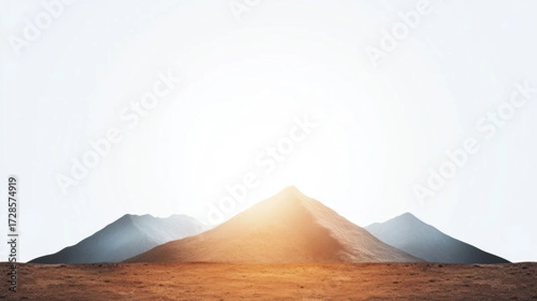 Fototapeta Mountain ridge at dawn with warm color shift, sunlight glowing behind peaks, serene landscape, high fidelity, tranquil mood, clear sky, earthy tones