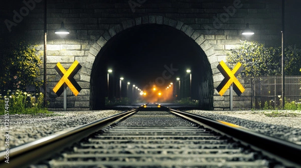Fototapeta Railroad crossing night scene with warm lighting, stone tunnel, glowing streetlights, and yellow warning signs, creating moody and atmospheric environment