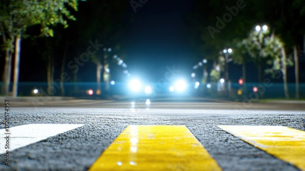 Fototapeta Blurred night street with glowing headlights, yellow pedestrian crossing lines, and warm lighting creates dramatic, urban atmosphere with sense of anticipation and caution