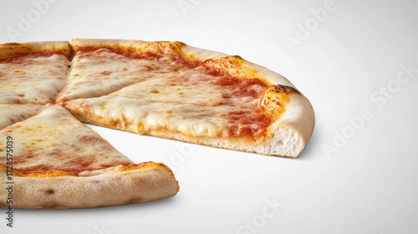 Fototapeta Margherita pizza with golden bubbly cheese, fresh basil, tomato sauce, and thick crust on white background, classic Italian comfort food, appetizing and inviting
