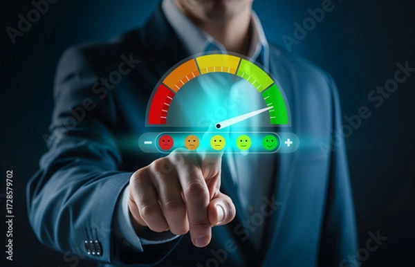 Obraz Customer Satisfaction Meter in Digital Business Interface, Pointer highlights happy face on feedback scale in corporate setting