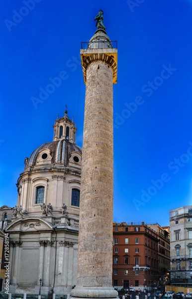Obraz Vertical view of the Trajan column and the church called "SS Nome di Maria" in Rome, Italy