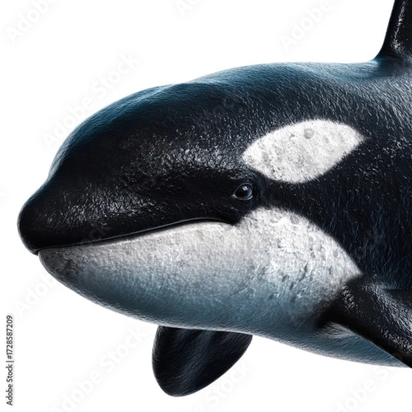 Fototapeta Png of closeup of a majestic orcas head, showcasing its distinctive black and white markings isolated on transparent background