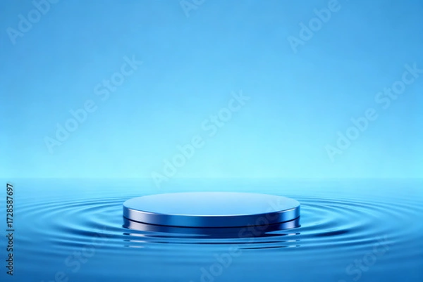 Fototapeta Circular platform floating on water surface with ripple effect against blue background