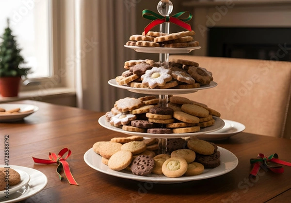 Fototapeta tower of assorted homemade christmas cookies stacked on white plates for festive holiday baking and dessert display