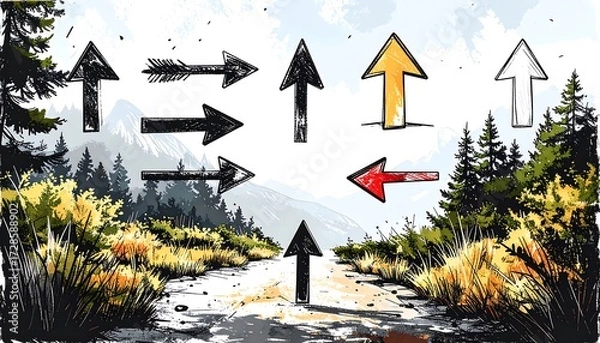 Obraz Arrows pointing different directions on a path through a landscape