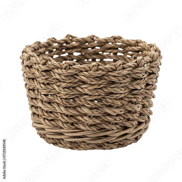 Fototapeta woven basket mini piece, small handmade natural fiber basket with detailed weaving texture, miniature rustic decor isolated on transparent background PNG