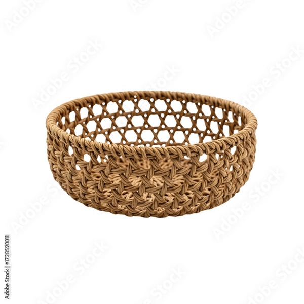 Fototapeta woven basket mini piece, small handmade natural fiber basket with detailed weaving texture, miniature rustic decor isolated on transparent background PNG