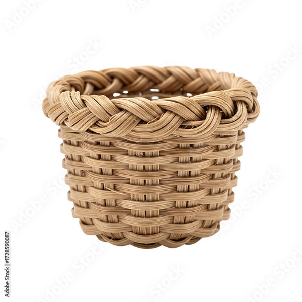 Fototapeta woven basket mini piece, small handmade natural fiber basket with detailed weaving texture, miniature rustic decor isolated on transparent background PNG