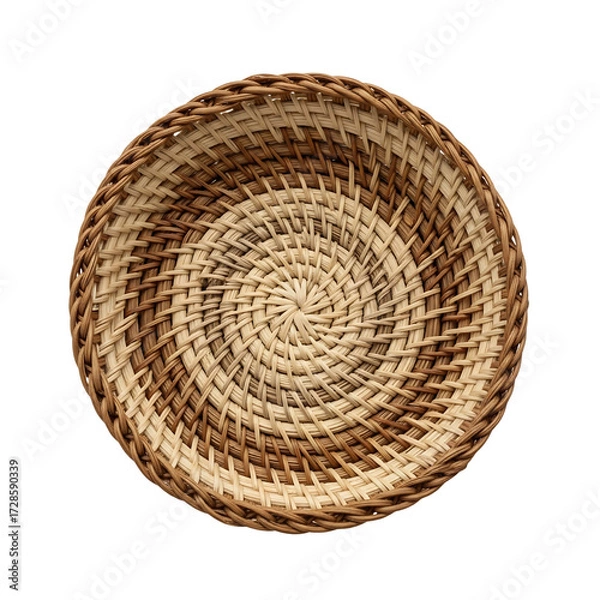 Fototapeta woven basket mini piece, small handmade natural fiber basket with detailed weaving texture, miniature rustic decor isolated on transparent background PNG