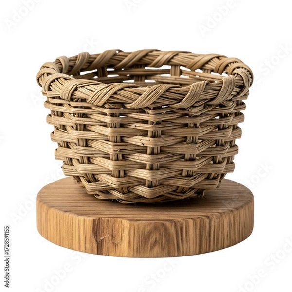 Fototapeta woven basket mini piece, small handmade natural fiber basket with detailed weaving texture, miniature rustic decor isolated on transparent background PNG
