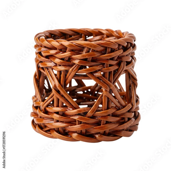 Fototapeta woven basket mini piece, small handmade natural fiber basket with detailed weaving texture, miniature rustic decor isolated on transparent background PNG