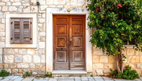 Fototapeta Rustic stone house facade with wooden double door, window shutters, and flowering shrub
