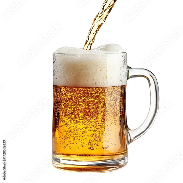 Fototapeta Beer being poured into mug with splash and foam, isolated on transparent cutout background