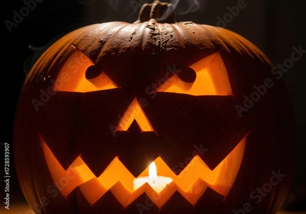 Fototapeta Spooky Jack-O'-Lantern with Candlelight and Smoke