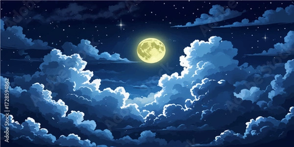 Fototapeta A bright moonlit cloudscape hangs over a dark sea, casting an ethereal glow on a majestic iceberg