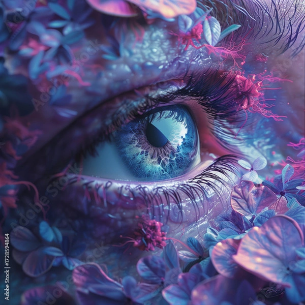 Fototapeta Surreal Botanical Eye with Purple and Magenta Flower Petals – Psychedelic Fantasy Digital Art wallpaper background graphic 