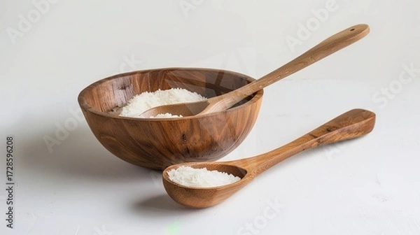 Fototapeta Rice, Wooden Spoon, and Bowl – a warm and rustic composition. The natural textures and earthy tones create a cozy, homey kitchen atmosphere.